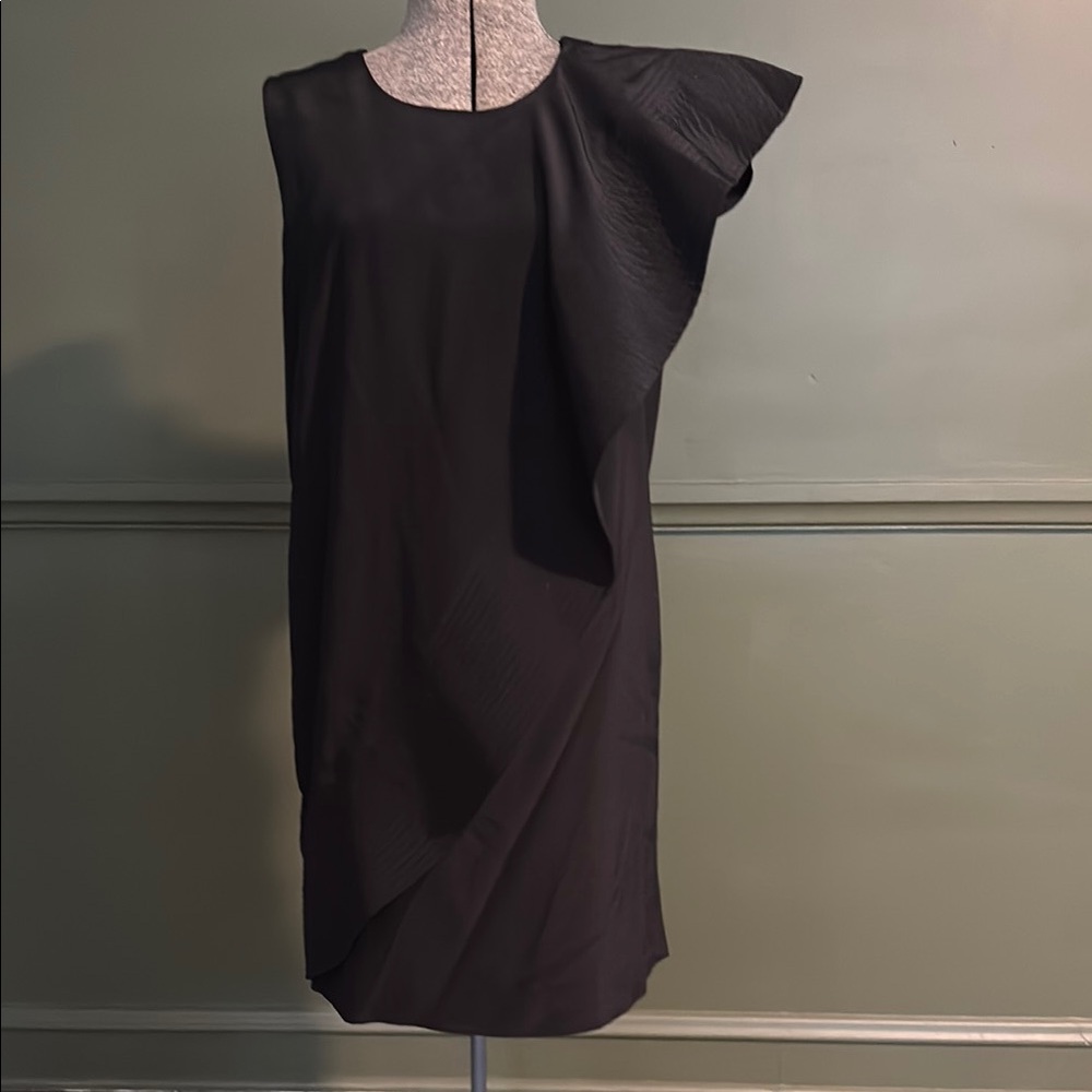 Asymmetrical ruffle front black Shift dress. NWT